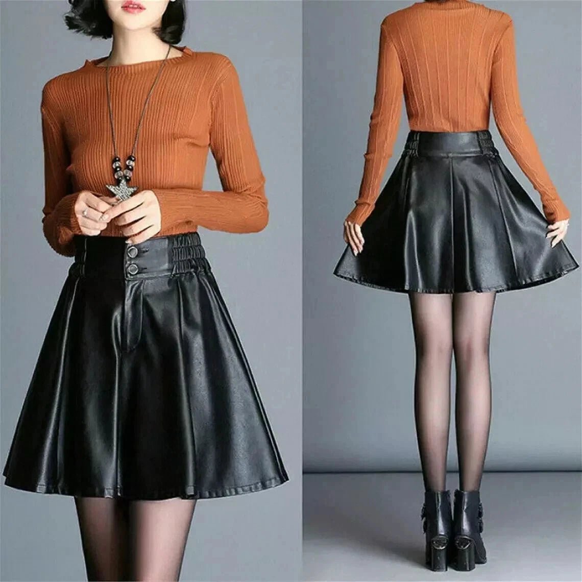 Black Original Leather Flared Mini Skirt - Belt Detail Full Grain Leather Premium Skirt for Women - Kamercio