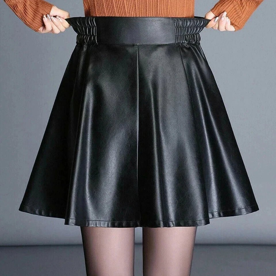 Black Original Leather Flared Mini Skirt - Belt Detail Full Grain Leather Premium Skirt for Women - Kamercio