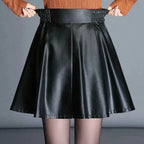 Black Original Leather Flared Mini Skirt - Belt Detail Full Grain Leather Premium Skirt for Women - Kamercio