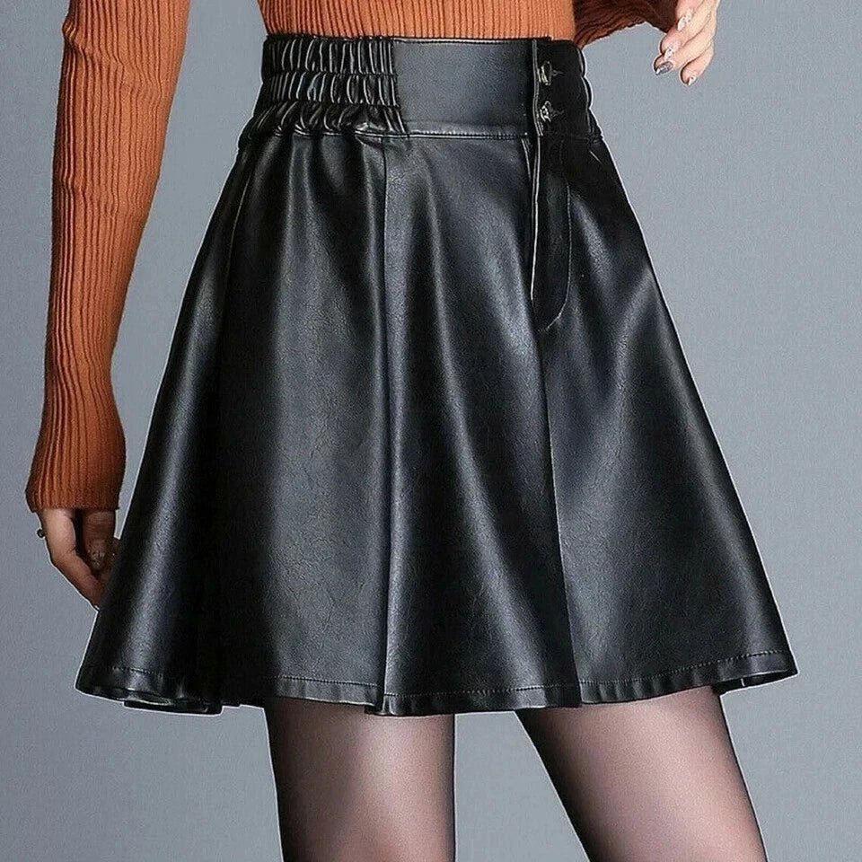 Black Original Leather Flared Mini Skirt - Belt Detail Full Grain Leather Premium Skirt for Women - Kamercio