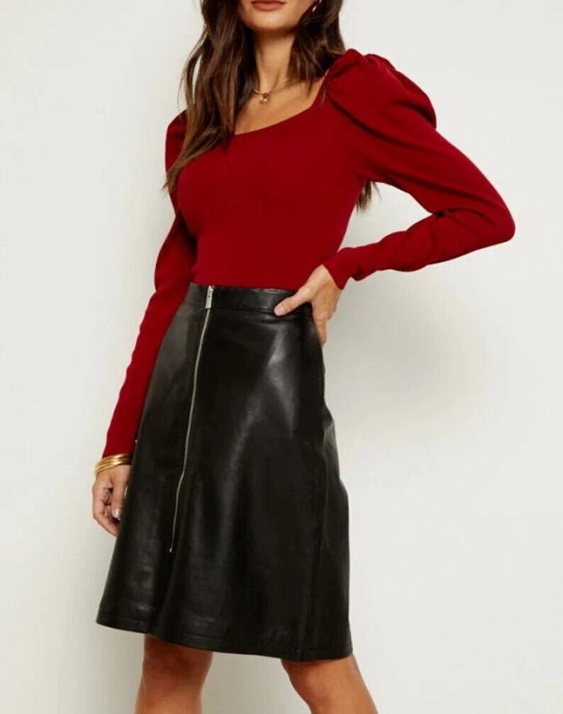 Black Original Leather Knee - Length Skirt - Front Zipper Full Grain Premium Leather Skirt for Women - Kamercio