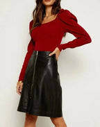 Black Original Leather Knee - Length Skirt - Front Zipper Full Grain Premium Leather Skirt for Women - Kamercio