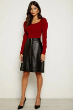 Black Original Leather Knee - Length Skirt - Front Zipper Full Grain Premium Leather Skirt for Women - Kamercio