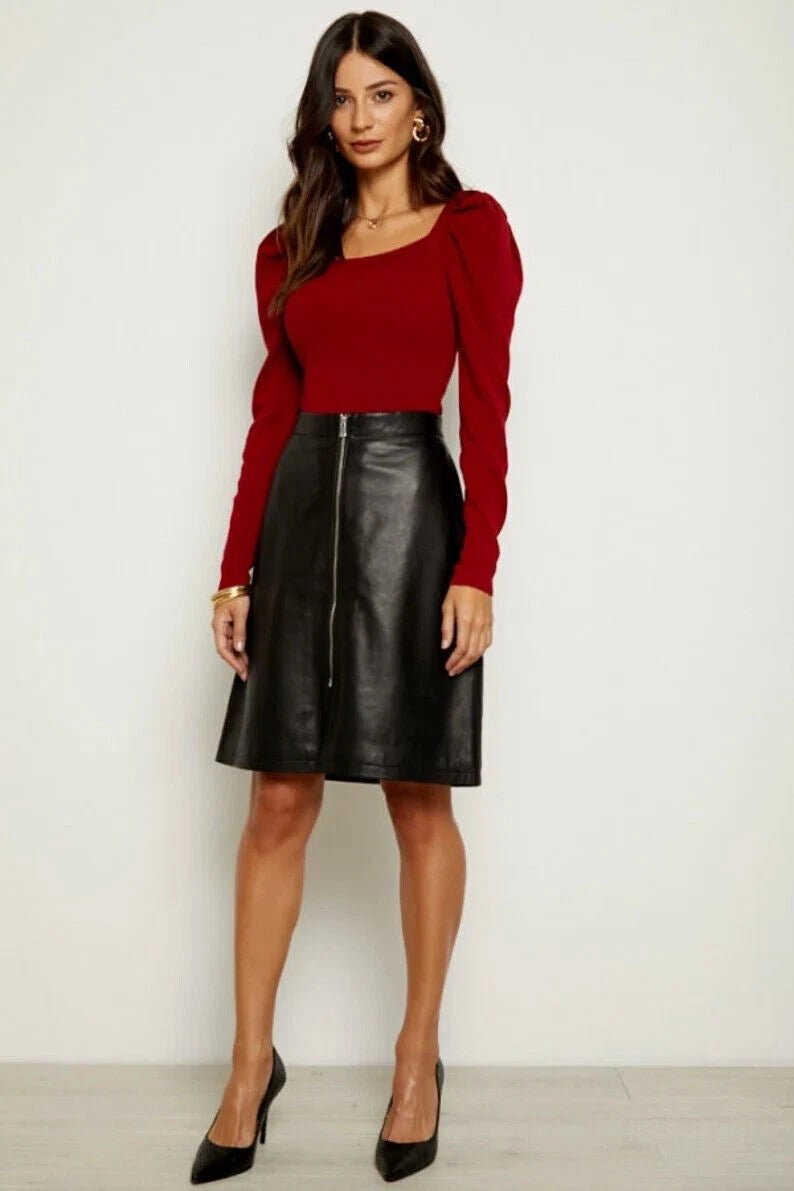 Black Original Leather Knee - Length Skirt - Front Zipper Full Grain Premium Leather Skirt for Women - Kamercio