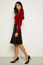 Black Original Leather Knee - Length Skirt - Front Zipper Full Grain Premium Leather Skirt for Women - Kamercio