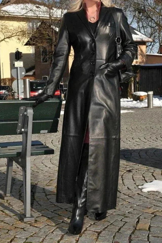 Black Original Leather Maxi Coat - Long Button - Front Premium Duster Coat for Women - Kamercio