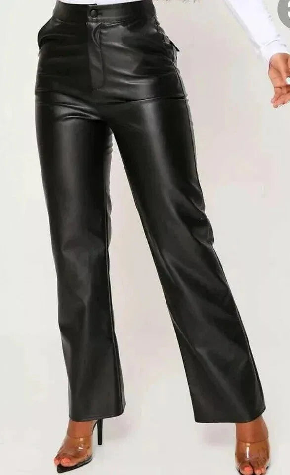 Black Original Leather Pants with Tie Waist - High - Waisted Straight Leg Genuine Premium Leather Trousers for Women - Kamercio