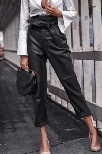 Black Original Leather Paperbag Waist Pants - High - Waisted Tapered Leg Genuine Premium Leather Trousers for Women - Kamercio