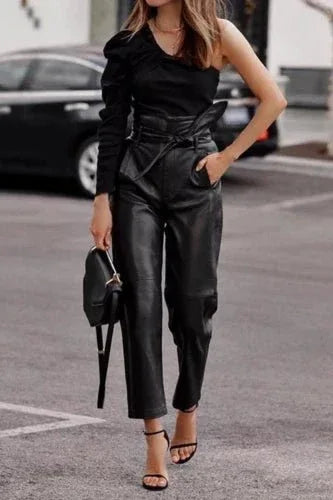 Black Original Leather Paperbag Waist Pants - High - Waisted Tapered Leg Genuine Premium Leather Trousers for Women - Kamercio