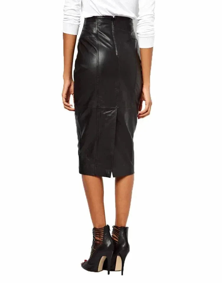 Black Original Leather Pencil Midi Skirt - Back Zipper Full Grain Leather Premium Skirt for Women - Kamercio