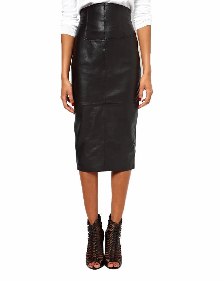 Black Original Leather Pencil Midi Skirt - Back Zipper Full Grain Leather Premium Skirt for Women - Kamercio