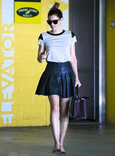 Black Original Leather Pleated Mini Skirt - High Waist Full Grain Leather Skirt for Women - Kamercio