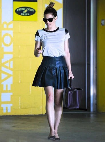 Black Original Leather Pleated Mini Skirt - High Waist Full Grain Leather Skirt for Women - Kamercio