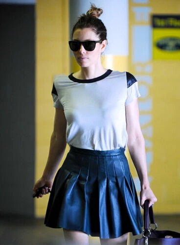 Black Original Leather Pleated Mini Skirt - High Waist Full Grain Leather Skirt for Women - Kamercio