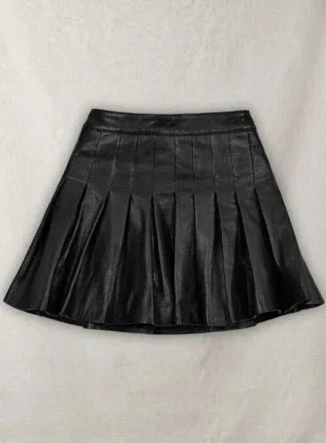 Black Original Leather Pleated Mini Skirt - High Waist Full Grain Leather Skirt for Women - Kamercio