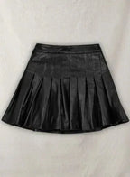 Black Original Leather Pleated Mini Skirt - High Waist Full Grain Leather Skirt for Women - Kamercio