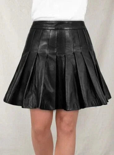 Black Original Leather Pleated Mini Skirt - High Waist Full Grain Leather Skirt for Women - Kamercio