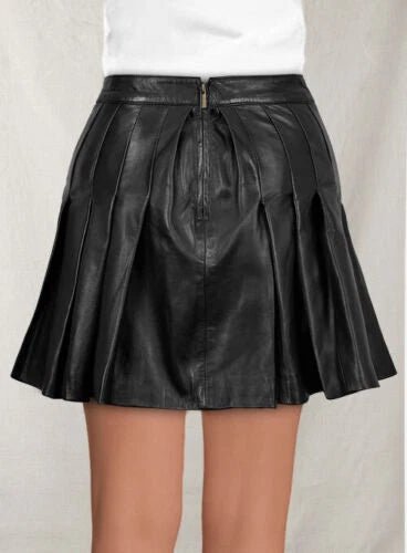 Black Original Leather Pleated Mini Skirt - High Waist Full Grain Leather Skirt for Women - Kamercio