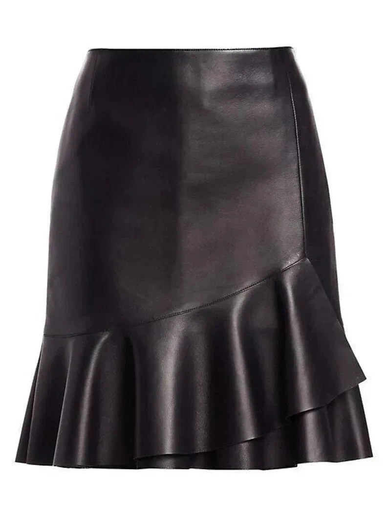 Black Original Leather Ruffle Mini Skirt - Flared Hem Full Grain Premium Leather Skirt for Women - Kamercio