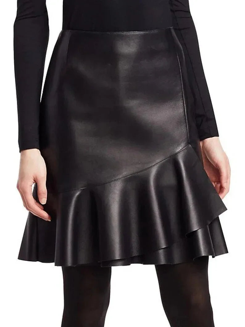 Black Original Leather Ruffle Mini Skirt - Flared Hem Full Grain Premium Leather Skirt for Women - Kamercio