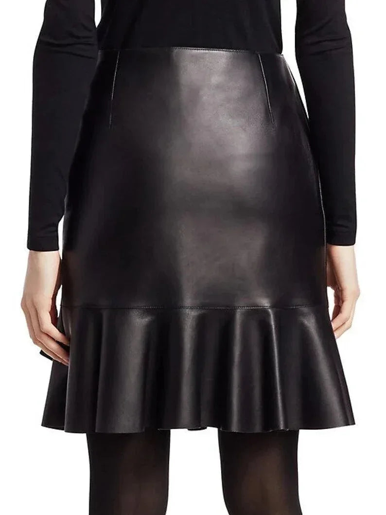 Black Original Leather Ruffle Mini Skirt - Flared Hem Full Grain Premium Leather Skirt for Women - Kamercio