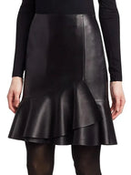 Black Original Leather Ruffle Mini Skirt - Flared Hem Full Grain Premium Leather Skirt for Women - Kamercio