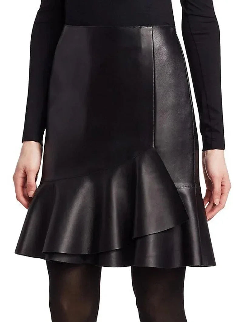 Black Original Leather Ruffle Mini Skirt - Flared Hem Full Grain Premium Leather Skirt for Women - Kamercio
