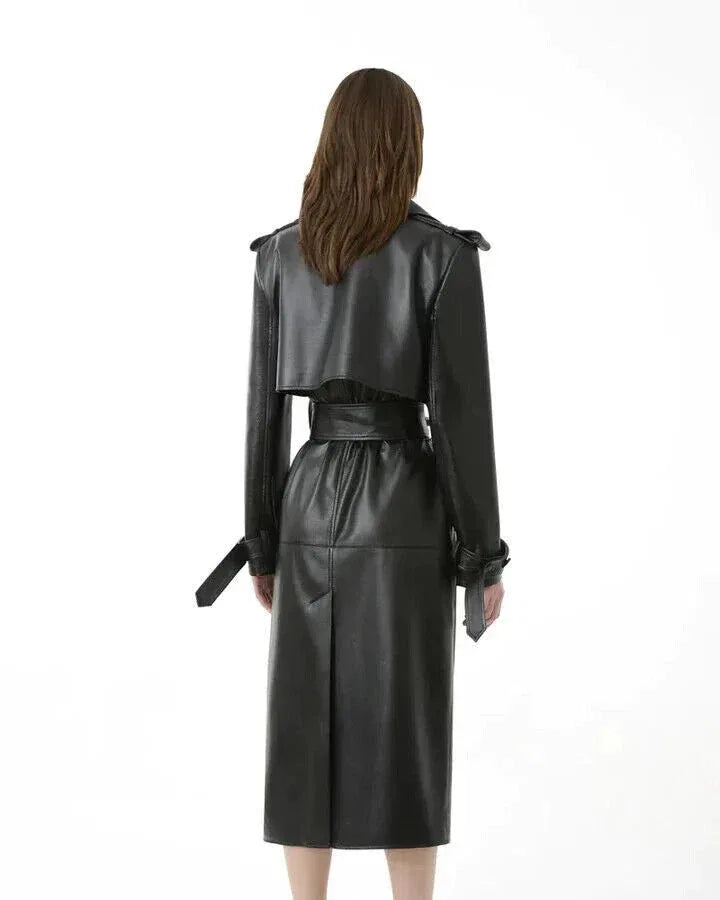 Black Original Leather Trench Coat - Full - Grain Belted Premium Long Coat for Women - Kamercio