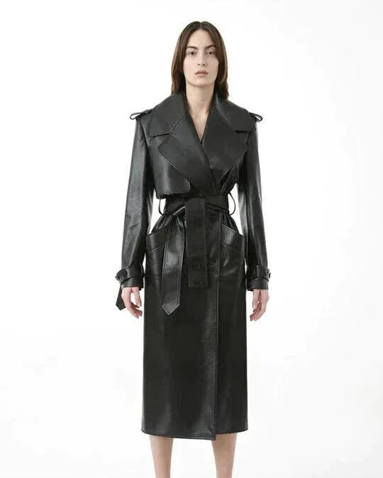 Black Original Leather Trench Coat - Full - Grain Belted Premium Long Coat for Women - Kamercio