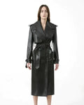 Black Original Leather Trench Coat - Full - Grain Belted Premium Long Coat for Women - Kamercio