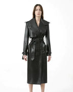 Black Original Leather Trench Coat - Full - Grain Belted Premium Long Coat for Women - Kamercio