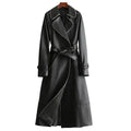 Black Original Leather Trench Coat with Contrast Piping - Belted Premium Long Coat for Women - Kamercio