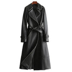 Black Original Leather Trench Coat with Contrast Piping - Belted Premium Long Coat for Women - Kamercio