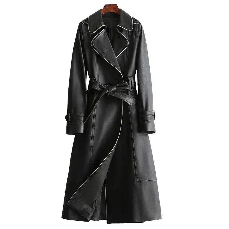Black Original Leather Trench Coat with Contrast Piping - Belted Premium Long Coat for Women - Kamercio