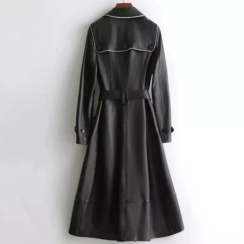 Black Original Leather Trench Coat with Contrast Piping - Belted Premium Long Coat for Women - Kamercio