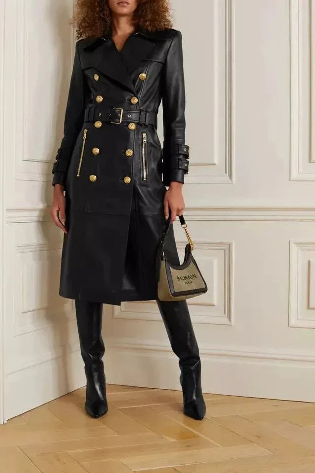 Black Original Leather Trench Coat with Gold Hardware - Belted Double - Breasted Premium Coat for Women - Kamercio