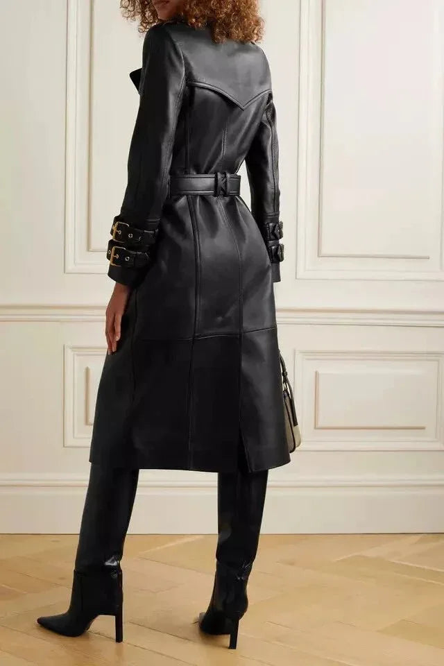 Black Original Leather Trench Coat with Gold Hardware - Belted Double - Breasted Premium Coat for Women - Kamercio