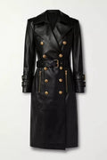 Black Original Leather Trench Coat with Gold Hardware - Belted Double - Breasted Premium Coat for Women - Kamercio