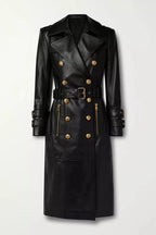 Black Original Leather Trench Coat with Gold Hardware - Belted Double - Breasted Premium Coat for Women - Kamercio