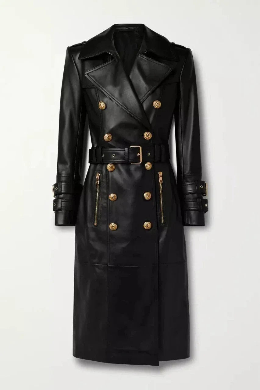Black Original Leather Trench Coat with Gold Hardware - Belted Double - Breasted Premium Coat for Women - Kamercio