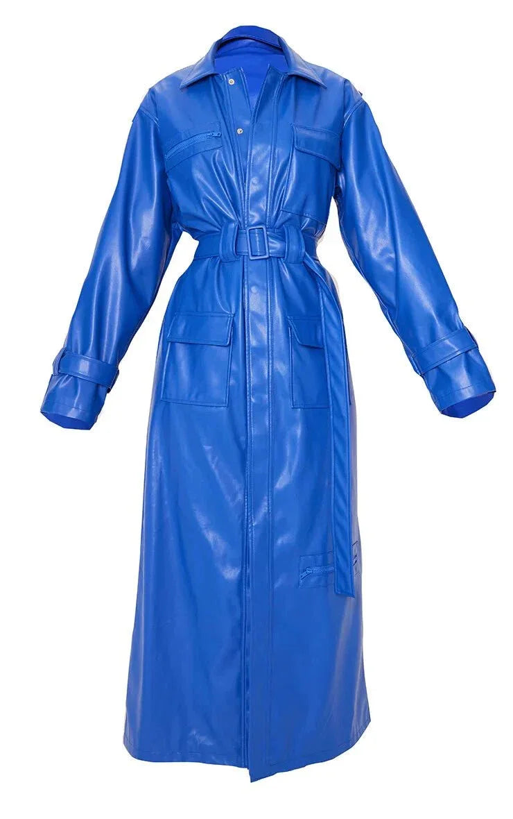 Blue Original Leather Coat - Belted Shirt - Style Premium Long Coat for Women - Kamercio