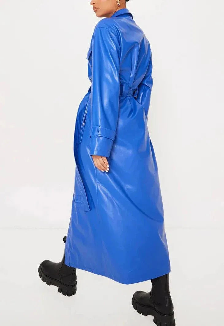 Blue Original Leather Coat - Belted Shirt - Style Premium Long Coat for Women - Kamercio