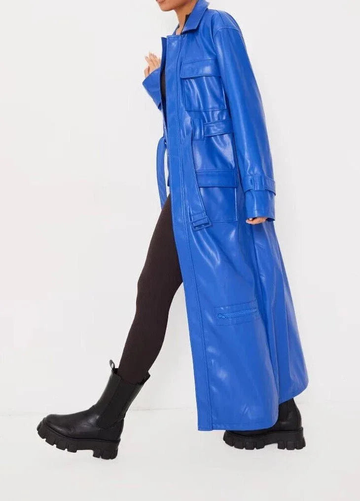 Blue Original Leather Coat - Belted Shirt - Style Premium Long Coat for Women - Kamercio