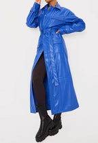 Blue Original Leather Coat - Belted Shirt - Style Premium Long Coat for Women - Kamercio