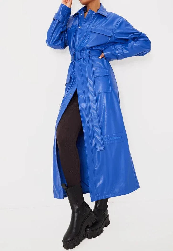 Blue Original Leather Coat - Belted Shirt - Style Premium Long Coat for Women - Kamercio
