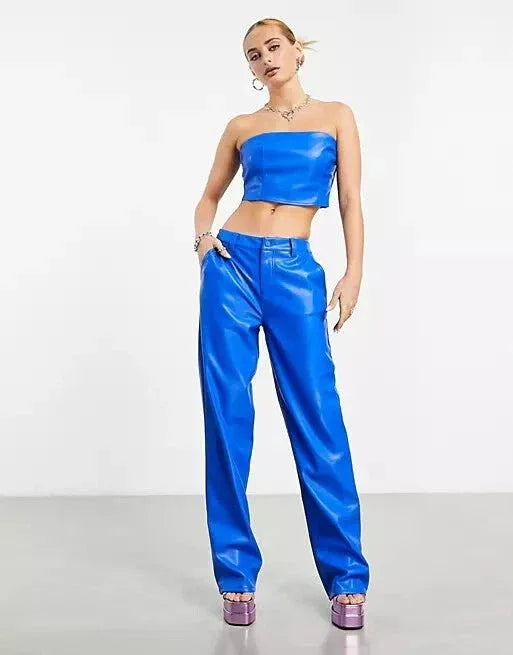 Blue Original Leather Pants - High - Waisted Wide Leg Genuine Premium Leather Trousers for Women - Kamercio