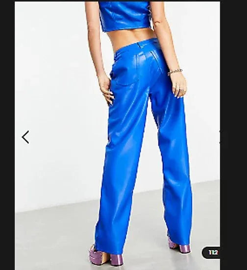 Blue Original Leather Pants - High - Waisted Wide Leg Genuine Premium Leather Trousers for Women - Kamercio