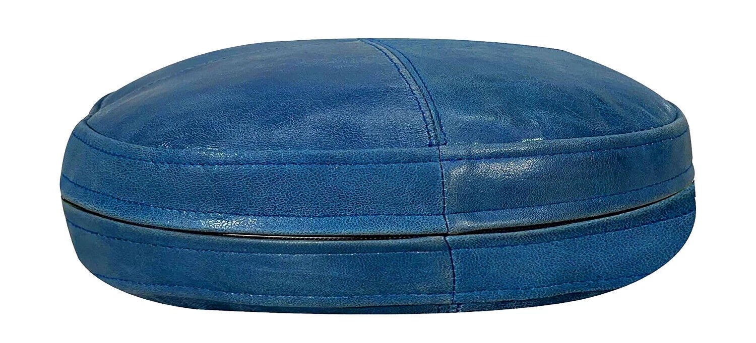 Blue Original Leather Pouf - Handcrafted Round Ottoman Footstool - Kamercio