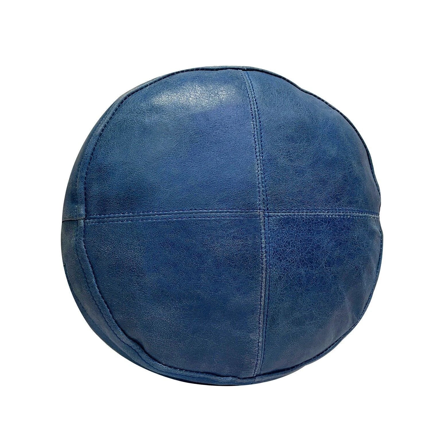 Blue Original Leather Pouf - Handcrafted Round Ottoman Footstool - Kamercio