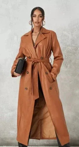 Brown Leather Trench Coat - Double - Breasted Belted Maxi Coat for Women - Kamercio